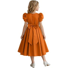 Puff Sleeve Flower Girl Dresses Wedding Satin Princess Pageant Dress Bow-Knot Midi Length First Communion Dress in Kuwait