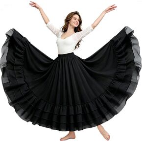 Women Lyrical Praise Dance Skirt A-line Long Swing Ruffle Hem Flowy Skirt Mexican Flamenco Ballroom Dancewear in Saudi Arabia