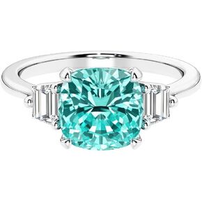 14k White or Yellow Gold 3 Ct Cushion Lab Grown Paraiba Tourmaline and Trapezoid Diamond 3-Stone Ring, October Birthstone, Engagement, Anniversary, Wedding, Birthday Gift w/ Jewelry Box, Sz 4-10 in Saudi Arabia