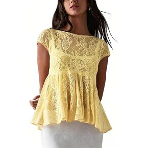 Megfie Women's Sexy Sheer Lace Short Sleeve Babydoll Top Sheer Mesh Top See Through Going Out Shirts Blouse in Kuwait