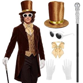 Halloween Chocolate Factory Costume, Chocolate Top Hat Accessories Set 5 Pcs Hat Sunglasses Scepter Bowtie Gloves for Adult Men Women Magic Movie Character Dress Up Parade Cosplay Dance Recitals in Saudi Arabia