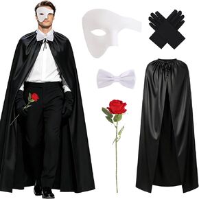 5 Pieces The Opera Costume Accessories Set Men's Masquerade Costume Set with Half Face Mask, Long Cape, Gloves, Bow Tie and Artificial Red Rose for Halloween Carnivals Masquerade Party Cosplay in Saudi Arabia