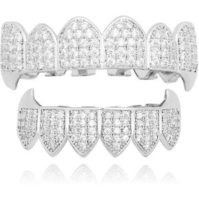 Silver Iced Out Grillz for Men and Women – Full Top & Bottom Teeth Grills with Rhinestones, One Size Fits Most, Includes Silicone Molding Bars for Hip Hop Rap Rapper Costume Accessories Party Jewelry in Kuwait
