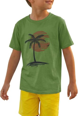 Kids Palm Tree Sunset T-Shirt Boys Retro Beach Graphic Tee Short Sleeve Casual Summer Vacation Outfit 5-14 in Saudi Arabia
