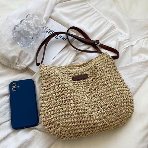 Straw Woven Shoulder Bags Travel Handbags Women(Coffee) in Kuwait