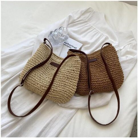 Straw Woven Shoulder Bags Travel Handbags Women(Coffee) in Kuwait