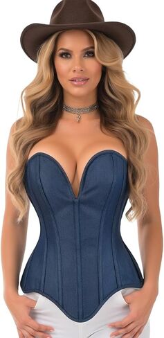 Daisy corsets Women's Daisy Corsets Top Drawer Steel Boned Denim Plunge Neckline Overbust Corset in Kuwait