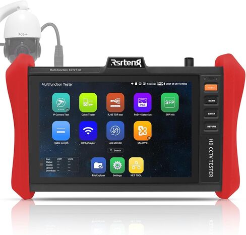 Rsrteng CCTV Tester 4K 12MP IP Camera Tester POE++ Max 90W POE Camera Tester 8" 1920x1200 IPS Touch Screen 1CH SFP Module WiFi Network Tools Cable Tester POE Detection Power Management APP Update in Kuwait