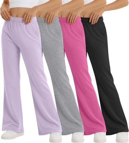 Yooo's Vivi 4 Pack Girls' Flare Leggings Kids' Elastic Waisted Athletic Bell Bottom Pants Yoga Bootcut Pants for Teen Girls in Kuwait