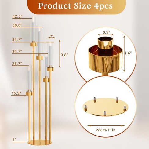 mopam 5 Arms Gold Floor Candelabra 42.5'' Floor Candle Holders for Wedding 4pcs Candle Sticks Holder Decor Tall Metal Candlestick Set with Acrylic Lampshades for Home Christmas Party (Round) in Saudi Arabia