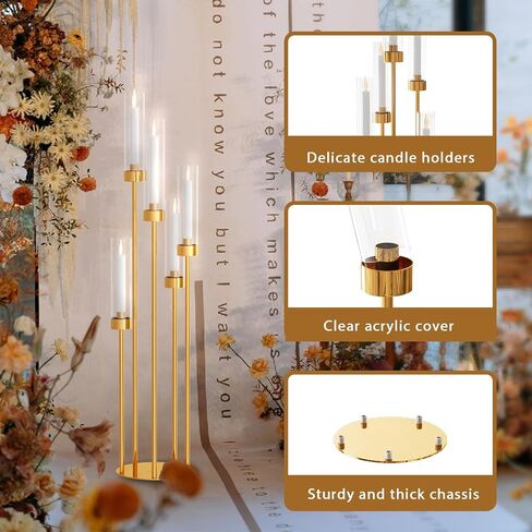 mopam 5 Arms Gold Floor Candelabra 42.5'' Floor Candle Holders for Wedding 4pcs Candle Sticks Holder Decor Tall Metal Candlestick Set with Acrylic Lampshades for Home Christmas Party (Round) in Saudi Arabia