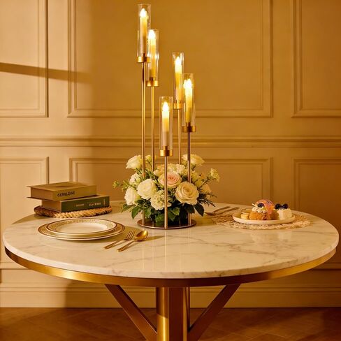 mopam 5 Arms Gold Floor Candelabra 42.5'' Floor Candle Holders for Wedding 4pcs Candle Sticks Holder Decor Tall Metal Candlestick Set with Acrylic Lampshades for Home Christmas Party (Round) in Saudi Arabia