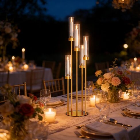 mopam 5 Arms Gold Floor Candelabra 42.5'' Floor Candle Holders for Wedding 4pcs Candle Sticks Holder Decor Tall Metal Candlestick Set with Acrylic Lampshades for Home Christmas Party (Round) in Saudi Arabia