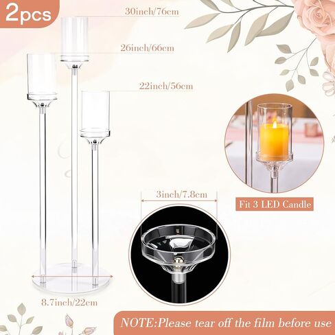 2 Pcs 3 Arms Acrylic Candelabras with Lampshade Set 30 Inch Wedding Table Candelabra Centerpieces Clear Candle Holder Candlestick Holder for Wedding Table Party Decor, Fit 3" LED Candle in Saudi Arabia
