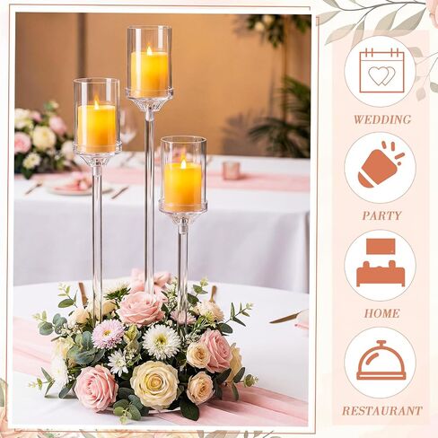 2 Pcs 3 Arms Acrylic Candelabras with Lampshade Set 30 Inch Wedding Table Candelabra Centerpieces Clear Candle Holder Candlestick Holder for Wedding Table Party Decor, Fit 3" LED Candle in Saudi Arabia