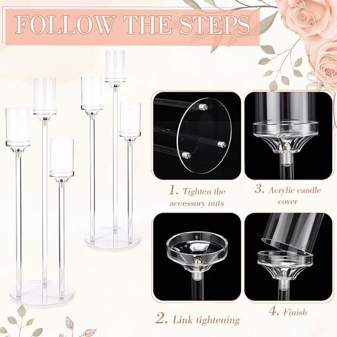 2 Pcs 3 Arms Acrylic Candelabras with Lampshade Set 30 Inch Wedding Table Candelabra Centerpieces Clear Candle Holder Candlestick Holder for Wedding Table Party Decor, Fit 3" LED Candle in Saudi Arabia