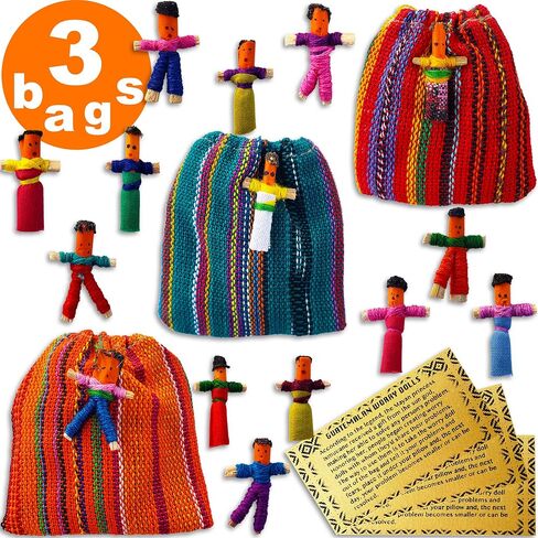 Worry Dolls in a Bag - 3 Bags with 6 Super Cute Little Guatemala Dolls - Mayan - Trouble - Anxiety - Worry People - Ornament - in Saudi Arabia