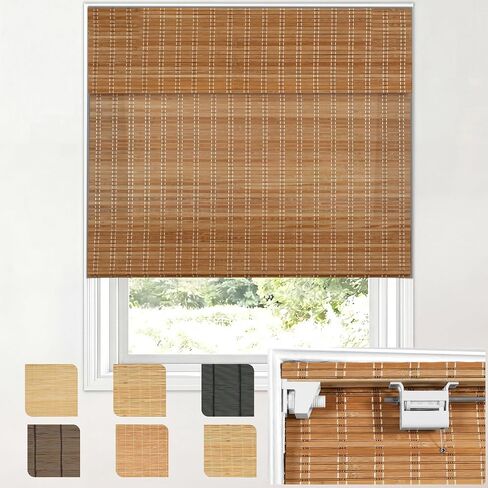 Cordless No Drill Bamboo Roman Shades, Light Filtering Natural Bamboo Blinds, Pull Down Window Shades for Indoor, Privacy Shade for Bedroom Living Room Kitchen Home Natural Bamboo 34"W x 72"H in Saudi Arabia