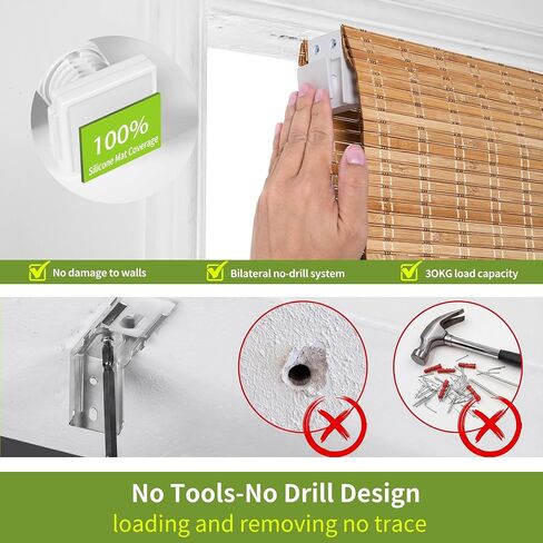 Cordless No Drill Bamboo Roman Shades, Light Filtering Natural Bamboo Blinds, Pull Down Window Shades for Indoor, Privacy Shade for Bedroom Living Room Kitchen Home Natural Bamboo 34"W x 72"H in Saudi Arabia