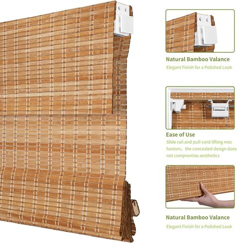 Cordless No Drill Bamboo Roman Shades, Light Filtering Natural Bamboo Blinds, Pull Down Window Shades for Indoor, Privacy Shade for Bedroom Living Room Kitchen Home Natural Bamboo 34"W x 72"H in Saudi Arabia