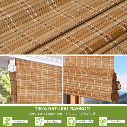 Cordless No Drill Bamboo Roman Shades, Light Filtering Natural Bamboo Blinds, Pull Down Window Shades for Indoor, Privacy Shade for Bedroom Living Room Kitchen Home Natural Bamboo 34"W x 72"H in Saudi Arabia