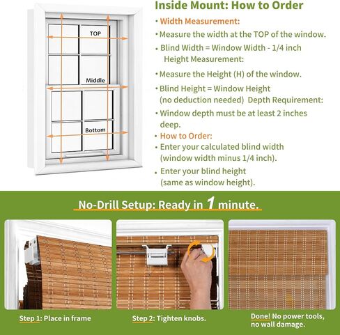 Cordless No Drill Bamboo Roman Shades, Light Filtering Natural Bamboo Blinds, Pull Down Window Shades for Indoor, Privacy Shade for Bedroom Living Room Kitchen Home Natural Bamboo 34"W x 72"H in Saudi Arabia
