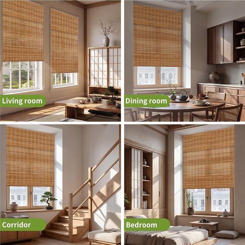 Cordless No Drill Bamboo Roman Shades, Light Filtering Natural Bamboo Blinds, Pull Down Window Shades for Indoor, Privacy Shade for Bedroom Living Room Kitchen Home Natural Bamboo 34"W x 72"H in Saudi Arabia