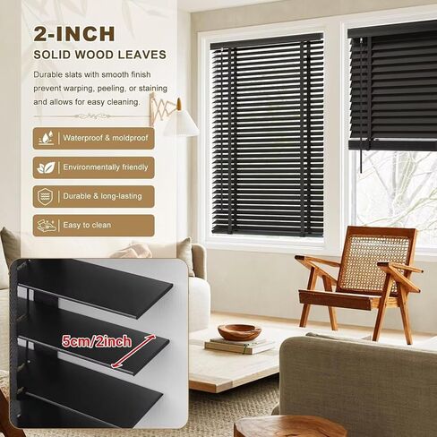 2" Cordless Solid Wood Blinds for Indoor Window,33.5" W x 64" H Real Wooden Blackout Blinds Horizontal Shutters, Easy to Install for Home Interior Windows Black in Saudi Arabia