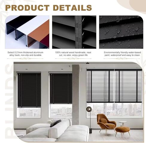 2" Cordless Solid Wood Blinds for Indoor Window,33.5" W x 64" H Real Wooden Blackout Blinds Horizontal Shutters, Easy to Install for Home Interior Windows Black in Saudi Arabia