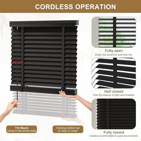 2" Cordless Solid Wood Blinds for Indoor Window,33.5" W x 64" H Real Wooden Blackout Blinds Horizontal Shutters, Easy to Install for Home Interior Windows Black in Saudi Arabia
