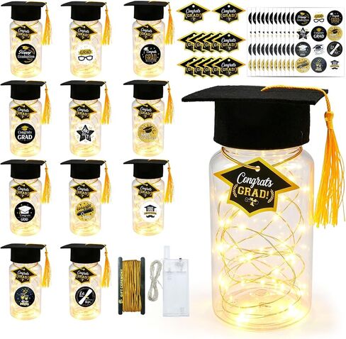 2026 Mini Graduation Cap Decoration Set, 12Pcs LED Lighted Graduation Jar Decor with Felt Caps & Cards, Durable Plastic Table Decor for Graduation Party, Gift for Graduates (High School/College) in Saudi Arabia