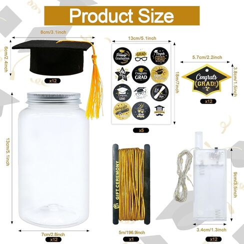 2026 Mini Graduation Cap Decoration Set, 12Pcs LED Lighted Graduation Jar Decor with Felt Caps & Cards, Durable Plastic Table Decor for Graduation Party, Gift for Graduates (High School/College) in Saudi Arabia