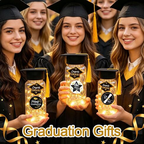 2026 Mini Graduation Cap Decoration Set, 12Pcs LED Lighted Graduation Jar Decor with Felt Caps & Cards, Durable Plastic Table Decor for Graduation Party, Gift for Graduates (High School/College) in Saudi Arabia