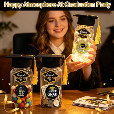 2026 Mini Graduation Cap Decoration Set, 12Pcs LED Lighted Graduation Jar Decor with Felt Caps & Cards, Durable Plastic Table Decor for Graduation Party, Gift for Graduates (High School/College) in Saudi Arabia