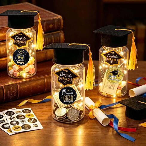 2026 Mini Graduation Cap Decoration Set, 12Pcs LED Lighted Graduation Jar Decor with Felt Caps & Cards, Durable Plastic Table Decor for Graduation Party, Gift for Graduates (High School/College) in Saudi Arabia