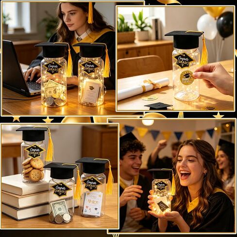 2026 Mini Graduation Cap Decoration Set, 12Pcs LED Lighted Graduation Jar Decor with Felt Caps & Cards, Durable Plastic Table Decor for Graduation Party, Gift for Graduates (High School/College) in Saudi Arabia