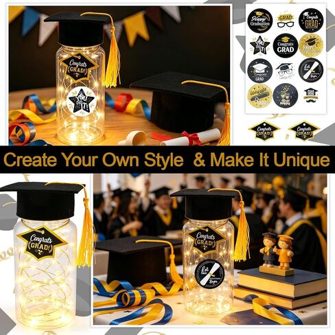 2026 Mini Graduation Cap Decoration Set, 12Pcs LED Lighted Graduation Jar Decor with Felt Caps & Cards, Durable Plastic Table Decor for Graduation Party, Gift for Graduates (High School/College) in Saudi Arabia