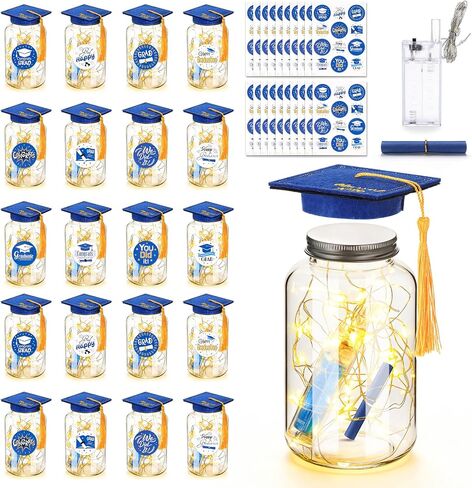 20 Sets 2026 Graduation Table Decoration with LED Lights, Mason Jar Graduation Centerpieces for Tables with Class of 2026 Felt Cap, Paper Roll, Stickers, College High School Grad Party Gifts(Blue) in Saudi Arabia