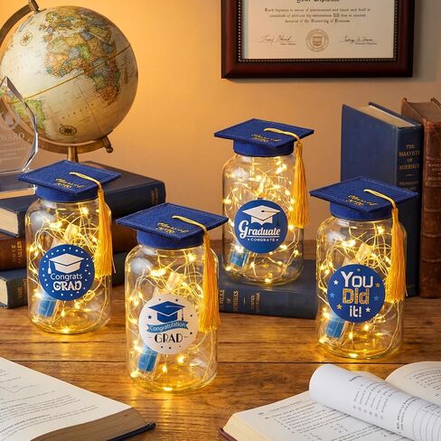 20 Sets 2026 Graduation Table Decoration with LED Lights, Mason Jar Graduation Centerpieces for Tables with Class of 2026 Felt Cap, Paper Roll, Stickers, College High School Grad Party Gifts(Blue) in Saudi Arabia