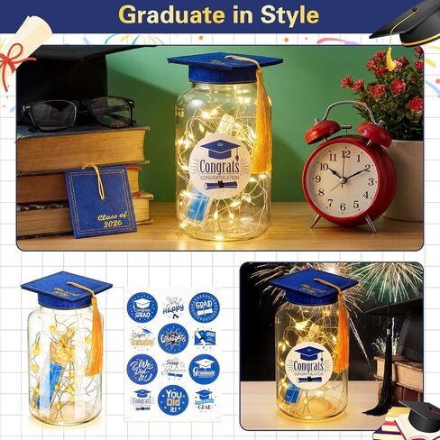 20 Sets 2026 Graduation Table Decoration with LED Lights, Mason Jar Graduation Centerpieces for Tables with Class of 2026 Felt Cap, Paper Roll, Stickers, College High School Grad Party Gifts(Blue) in Saudi Arabia