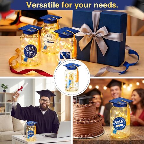 20 Sets 2026 Graduation Table Decoration with LED Lights, Mason Jar Graduation Centerpieces for Tables with Class of 2026 Felt Cap, Paper Roll, Stickers, College High School Grad Party Gifts(Blue) in Saudi Arabia