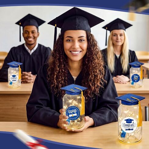 20 Sets 2026 Graduation Table Decoration with LED Lights, Mason Jar Graduation Centerpieces for Tables with Class of 2026 Felt Cap, Paper Roll, Stickers, College High School Grad Party Gifts(Blue) in Saudi Arabia