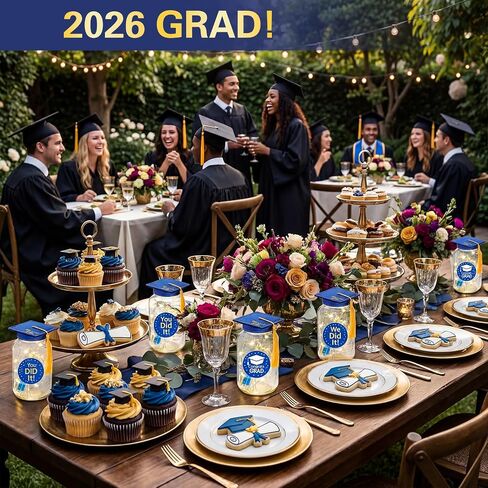 20 Sets 2026 Graduation Table Decoration with LED Lights, Mason Jar Graduation Centerpieces for Tables with Class of 2026 Felt Cap, Paper Roll, Stickers, College High School Grad Party Gifts(Blue) in Saudi Arabia