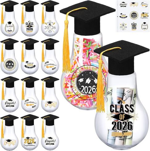 Jingmore 12 Sets 2026 Graduation Candy Jars Cute Light Bulb Party Favors with Grad Caps Graduation Stickers Fillable Plastic Candy Containers for Guests Grad DIY Table Party Supply Gifts in Kuwait