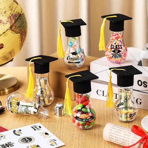 Jingmore 12 Sets 2026 Graduation Candy Jars Cute Light Bulb Party Favors with Grad Caps Graduation Stickers Fillable Plastic Candy Containers for Guests Grad DIY Table Party Supply Gifts in Kuwait