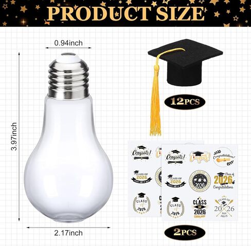 Jingmore 12 Sets 2026 Graduation Candy Jars Cute Light Bulb Party Favors with Grad Caps Graduation Stickers Fillable Plastic Candy Containers for Guests Grad DIY Table Party Supply Gifts in Kuwait