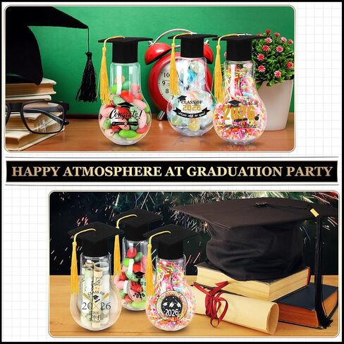 Jingmore 12 Sets 2026 Graduation Candy Jars Cute Light Bulb Party Favors with Grad Caps Graduation Stickers Fillable Plastic Candy Containers for Guests Grad DIY Table Party Supply Gifts in Kuwait