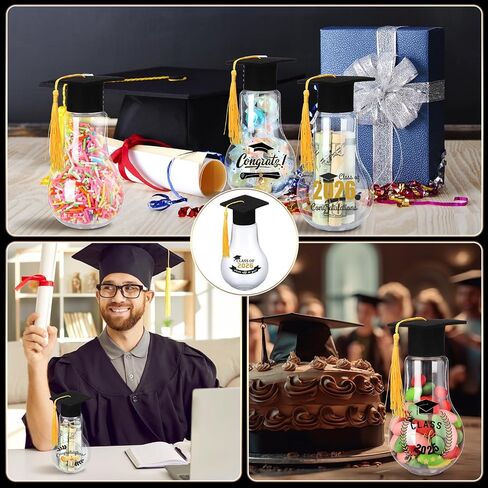 Jingmore 12 Sets 2026 Graduation Candy Jars Cute Light Bulb Party Favors with Grad Caps Graduation Stickers Fillable Plastic Candy Containers for Guests Grad DIY Table Party Supply Gifts in Kuwait