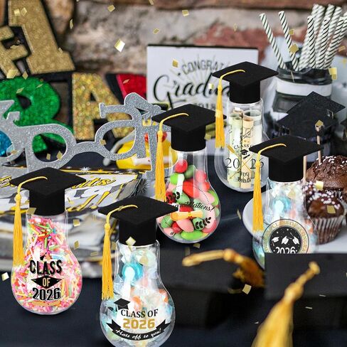 Jingmore 12 Sets 2026 Graduation Candy Jars Cute Light Bulb Party Favors with Grad Caps Graduation Stickers Fillable Plastic Candy Containers for Guests Grad DIY Table Party Supply Gifts in Kuwait