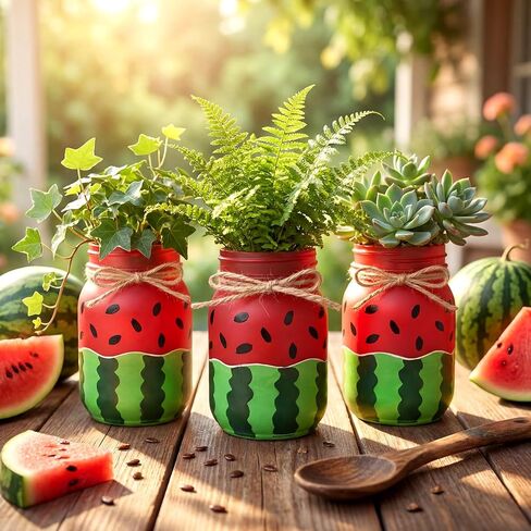 Yungyan 3 Pack Watermelon Mason Jars Bulk with Twine Watermelon Party Supplies Summer Fruits Theme Party Decor DIY Vase Tabletop Decor Melon mason jar centerpieces for Summer Fruits Birthday (Melon) in Kuwait